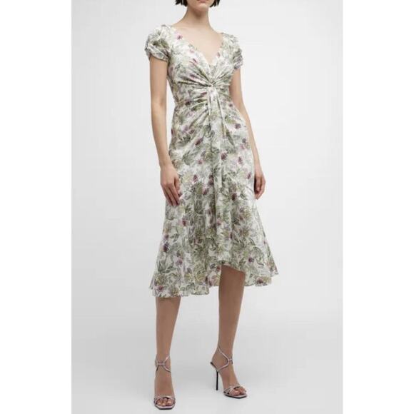 Cinq A Sept Walker Floral Midi Dress 8 Asymmetrical v-neck short sleeves Ivory - Picture 2 of 13